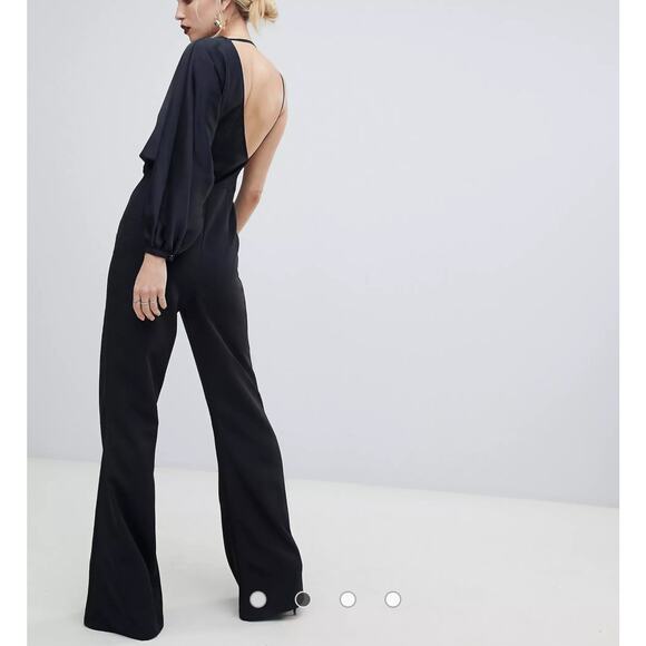 ASOS One Shoulder Jumpsuit 8 MED Black Satin Flare Cowlneck Wide Leg Going Out - Picture 6 of 11